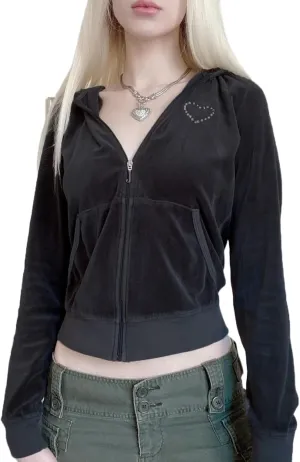 Women's Cropped Zip Up Hoodie Y2K Vintage Velvet Hooded Sweatshirt Cute Hoodies Teen Girl Fall Jacket