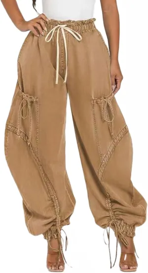 Womens Drawstring High Waist Baggy Straight Wide Leg Jeans Stretchy Y2k Loose Boyfriend Cargo Denim Pants Pockets