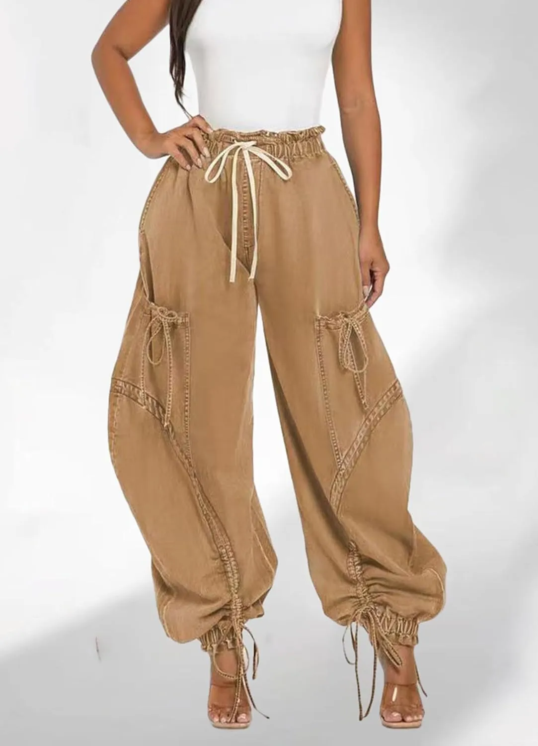 Womens Drawstring High Waist Baggy Straight Wide Leg Jeans Stretchy Y2k Loose Boyfriend Cargo Denim Pants Pockets