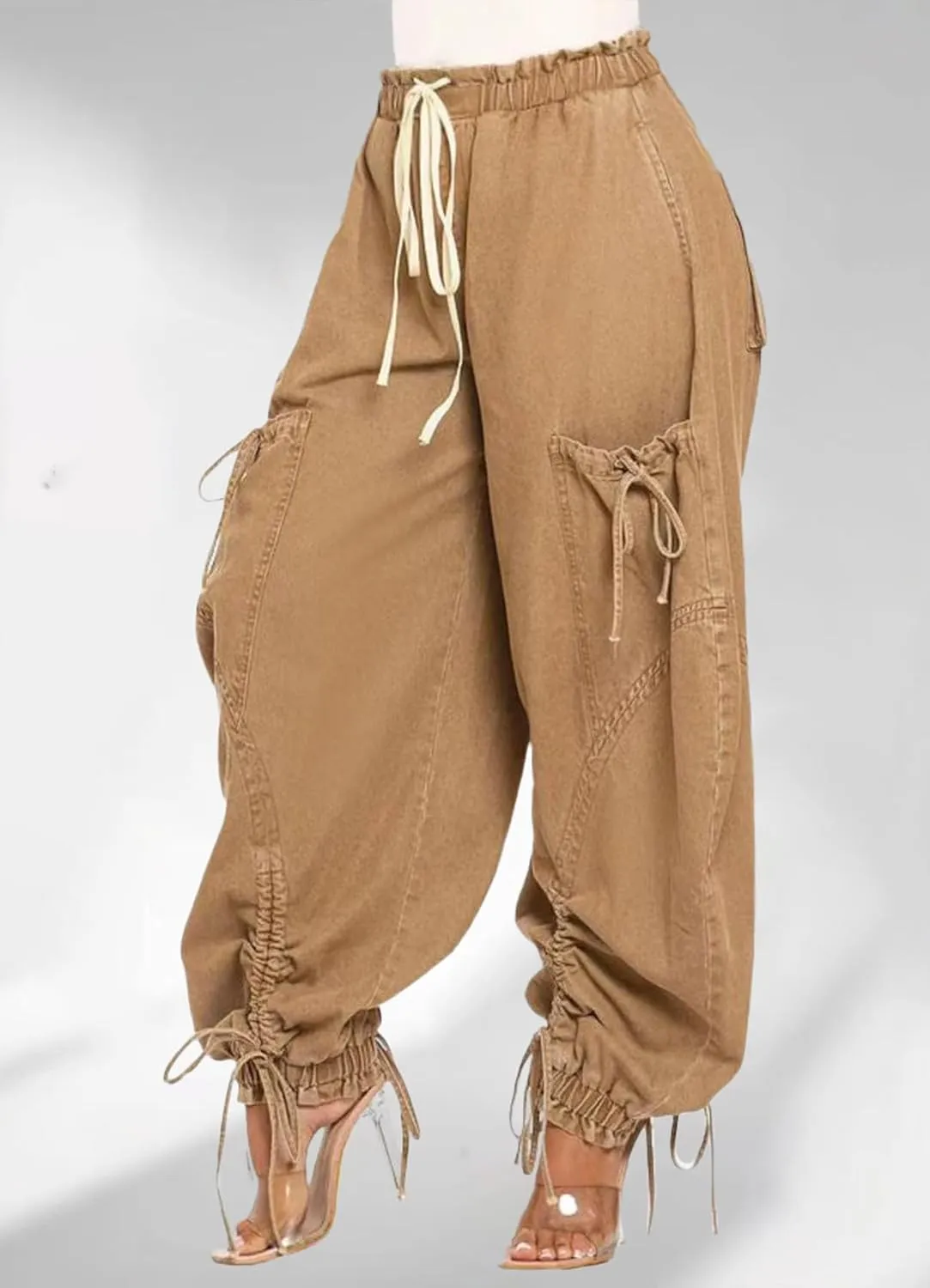 Womens Drawstring High Waist Baggy Straight Wide Leg Jeans Stretchy Y2k Loose Boyfriend Cargo Denim Pants Pockets