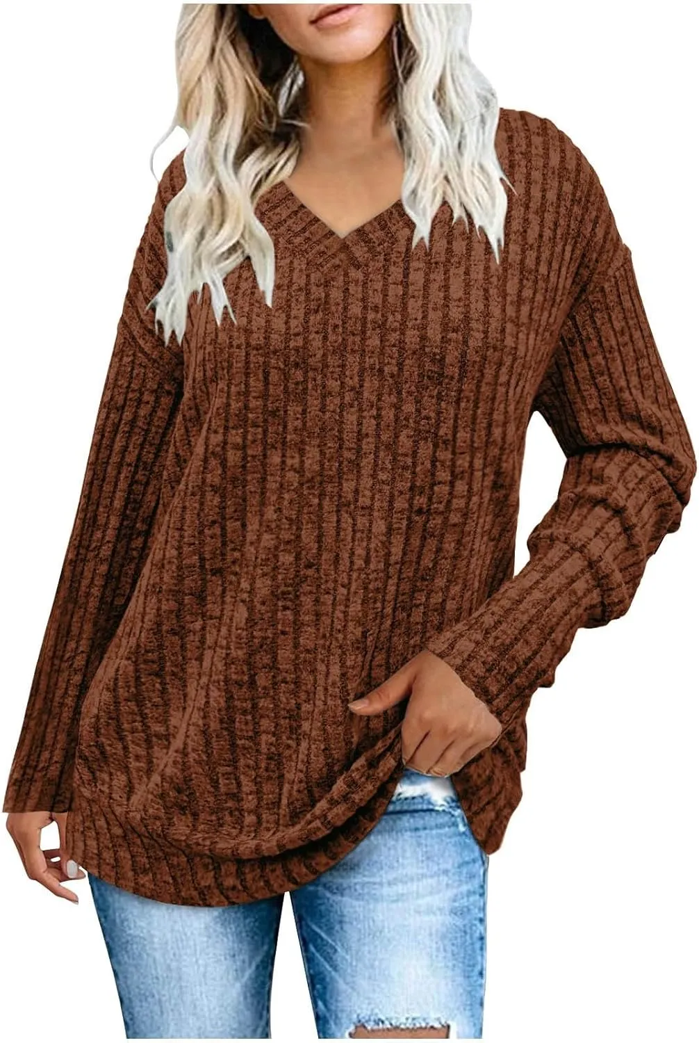 Women's Fall Tops 2024 Fashion V Neck Long Sleeve Shirts Blouse Knitted Casual Pullover Sweater Cozy Going Out Tops