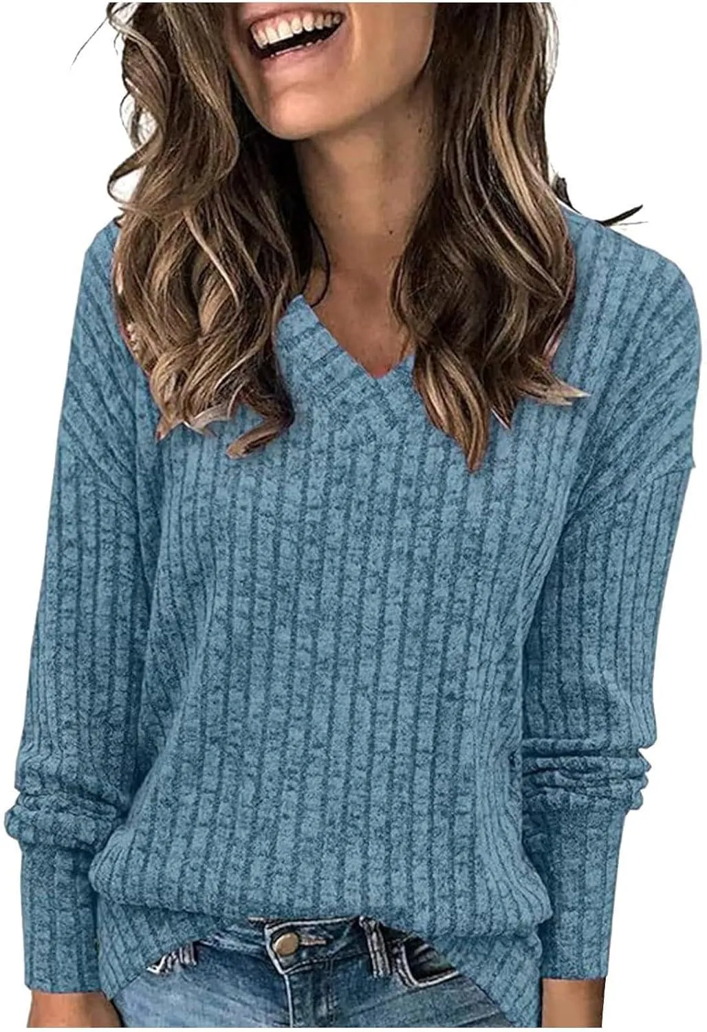 Women's Fall Tops 2024 Fashion V Neck Long Sleeve Shirts Blouse Knitted Casual Pullover Sweater Cozy Going Out Tops