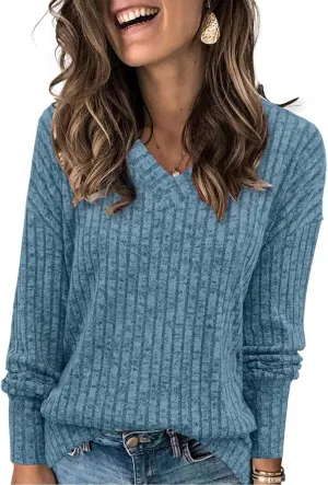 Women's Fall Tops 2024 Fashion V Neck Long Sleeve Shirts Blouse Knitted Casual Pullover Sweater Cozy Going Out Tops