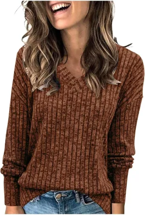 Women's Fall Tops 2024 Fashion V Neck Long Sleeve Shirts Blouse Knitted Casual Pullover Sweater Cozy Going Out Tops