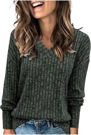 Women's Fall Tops 2024 Fashion V Neck Long Sleeve Shirts Blouse Knitted Casual Pullover Sweater Cozy Going Out Tops