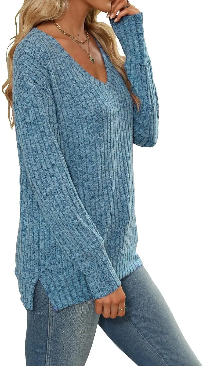 Women's Fall Tops 2024 Fashion V Neck Long Sleeve Shirts Blouse Knitted Casual Pullover Sweater Cozy Going Out Tops