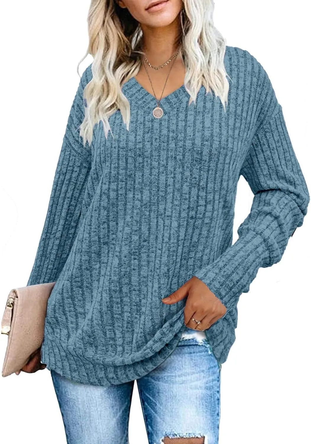 Women's Fall Tops 2024 Fashion V Neck Long Sleeve Shirts Blouse Knitted Casual Pullover Sweater Cozy Going Out Tops