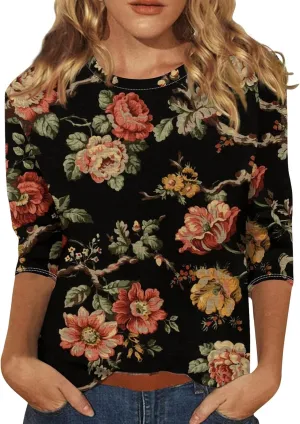 Women's Fashion Casual Seven-Point Sleeve Independence Day Print Round Neck Top Tops for Women 2024