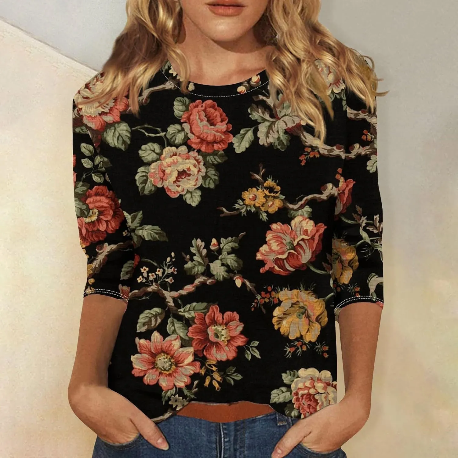 Women's Fashion Casual Seven-Point Sleeve Independence Day Print Round Neck Top Tops for Women 2024