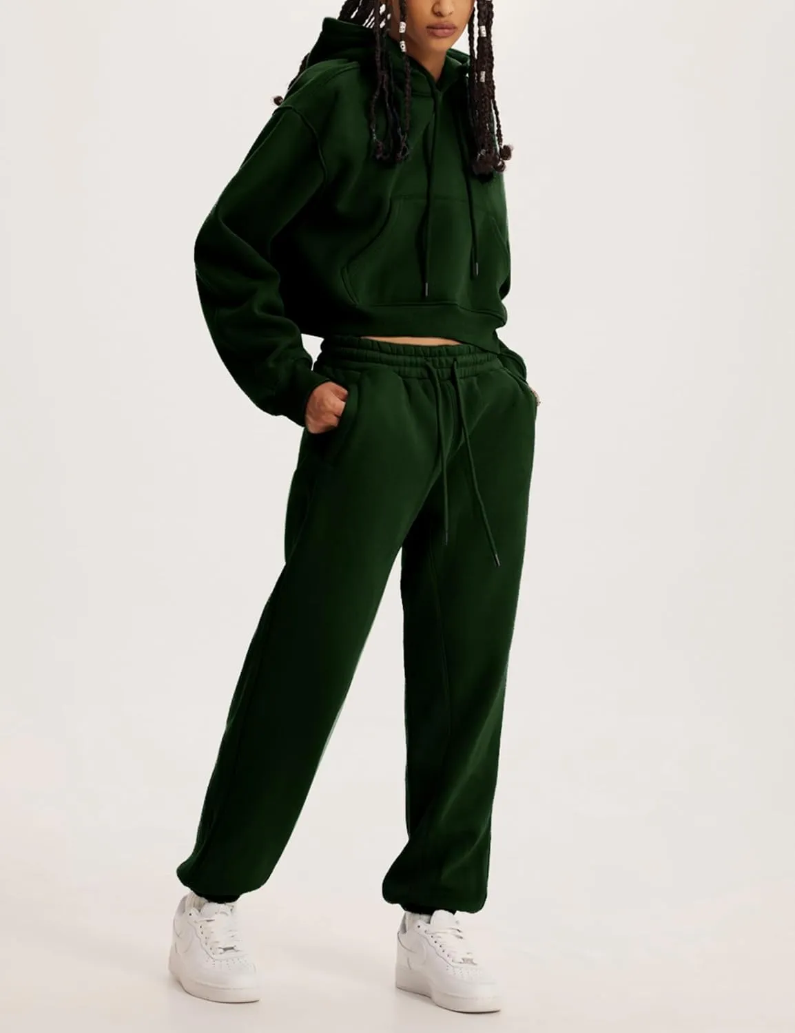 Womens Fleece 2 Piece Outfits Sweatsuit Crop Hooded Pullover Sweatshirt Top Jogger Sweatpants Tracksuits Set