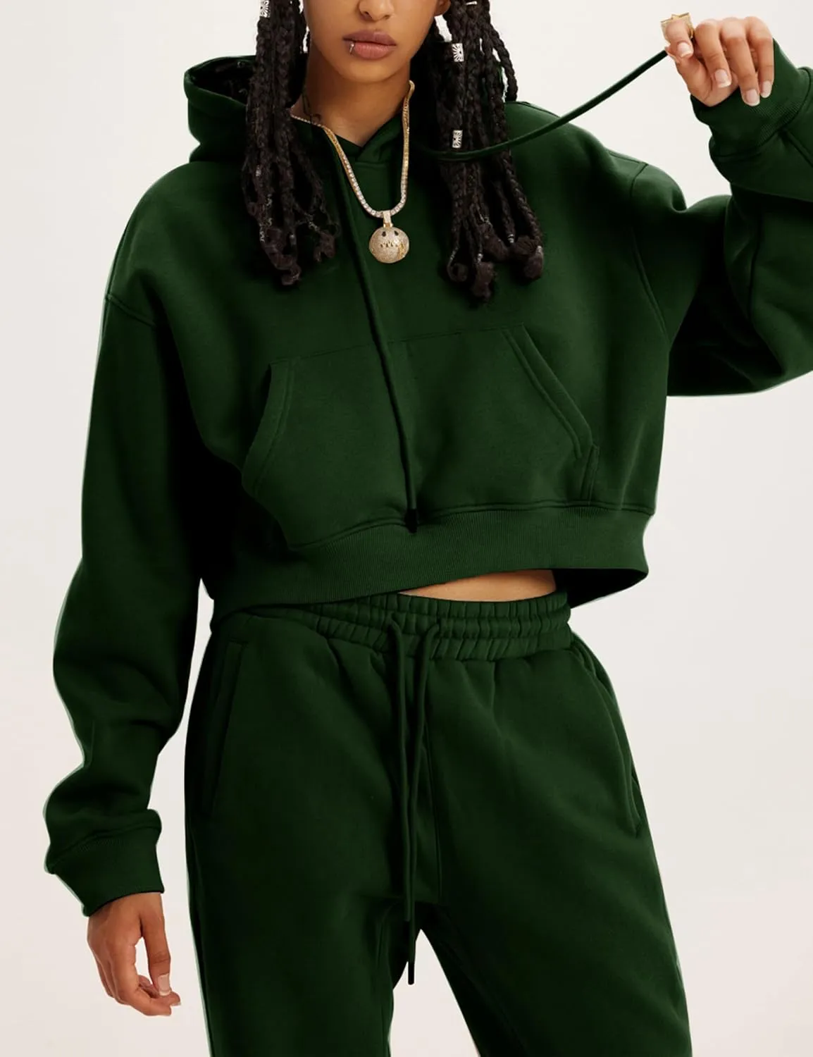 Womens Fleece 2 Piece Outfits Sweatsuit Crop Hooded Pullover Sweatshirt Top Jogger Sweatpants Tracksuits Set
