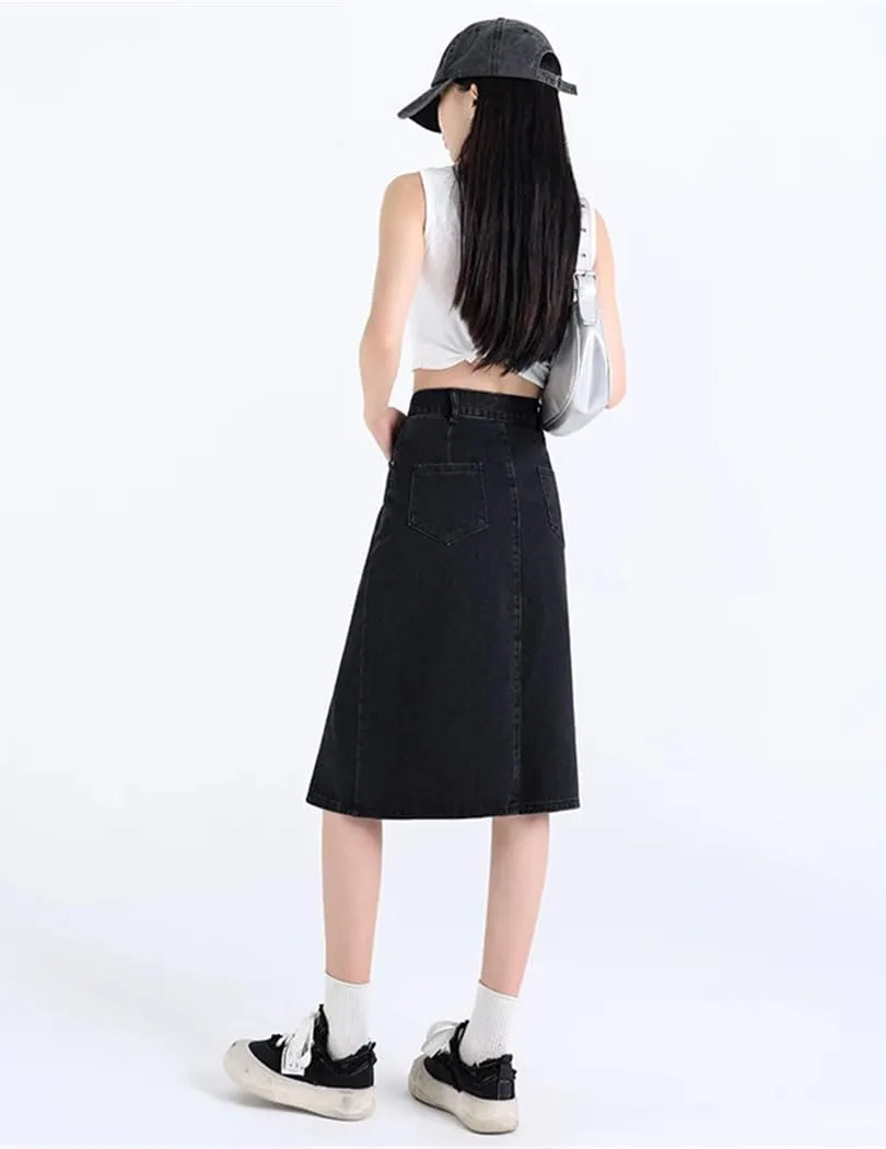 Women's High Waist Slim Fit Midi Denim Skirt Summer Casual Side Slit A-Line Jean Skirt