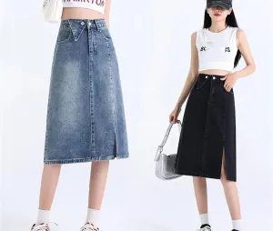 Women's High Waist Slim Fit Midi Denim Skirt Summer Casual Side Slit A-Line Jean Skirt