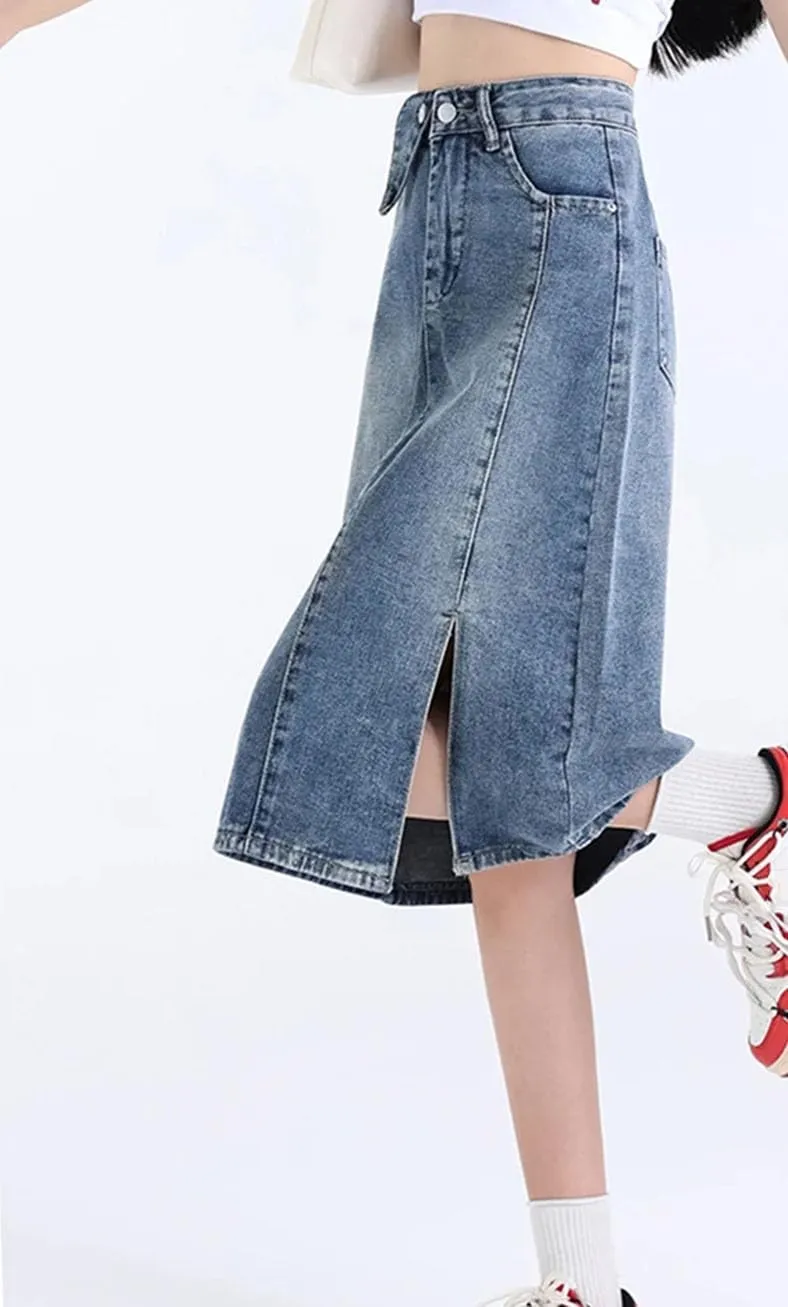 Women's High Waist Slim Fit Midi Denim Skirt Summer Casual Side Slit A-Line Jean Skirt