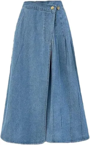 Women's High Waist Slim Fit Pleated Denim Skirt Casual Midi A-Line Jean Skirt
