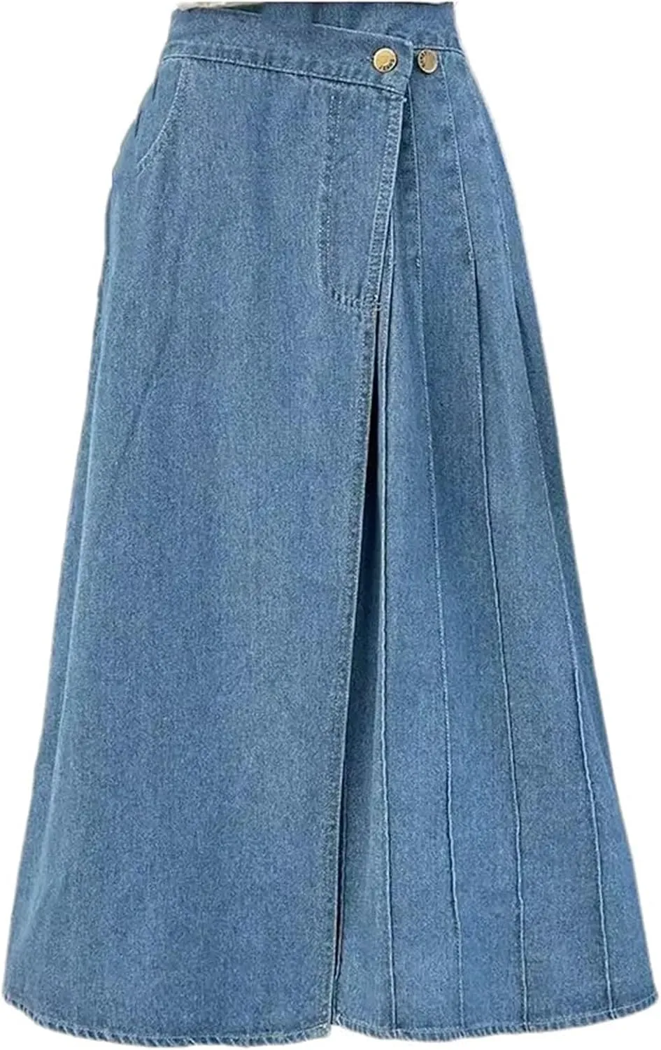 Women's High Waist Slim Fit Pleated Denim Skirt Casual Midi A-Line Jean Skirt