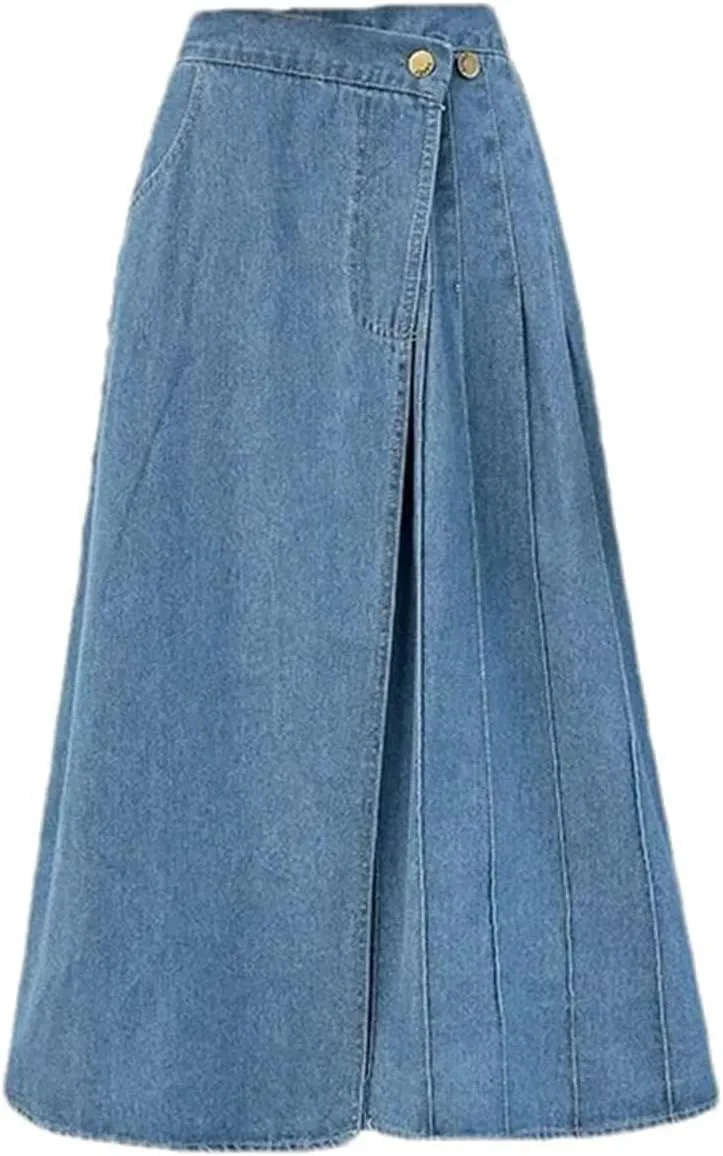 Women's High Waist Slim Fit Pleated Denim Skirt Casual Midi A-Line Jean Skirt