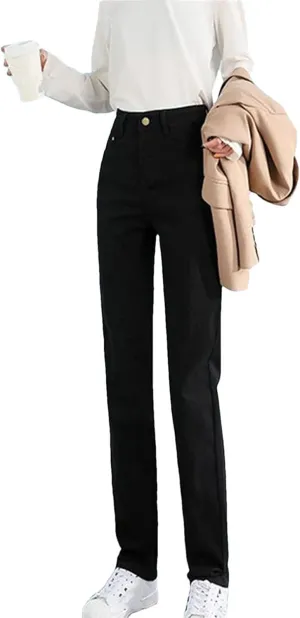 Women's High Waist Straight Jeans Casual Stretch Denim Pants Retro Classic Casual Skinny Trousers
