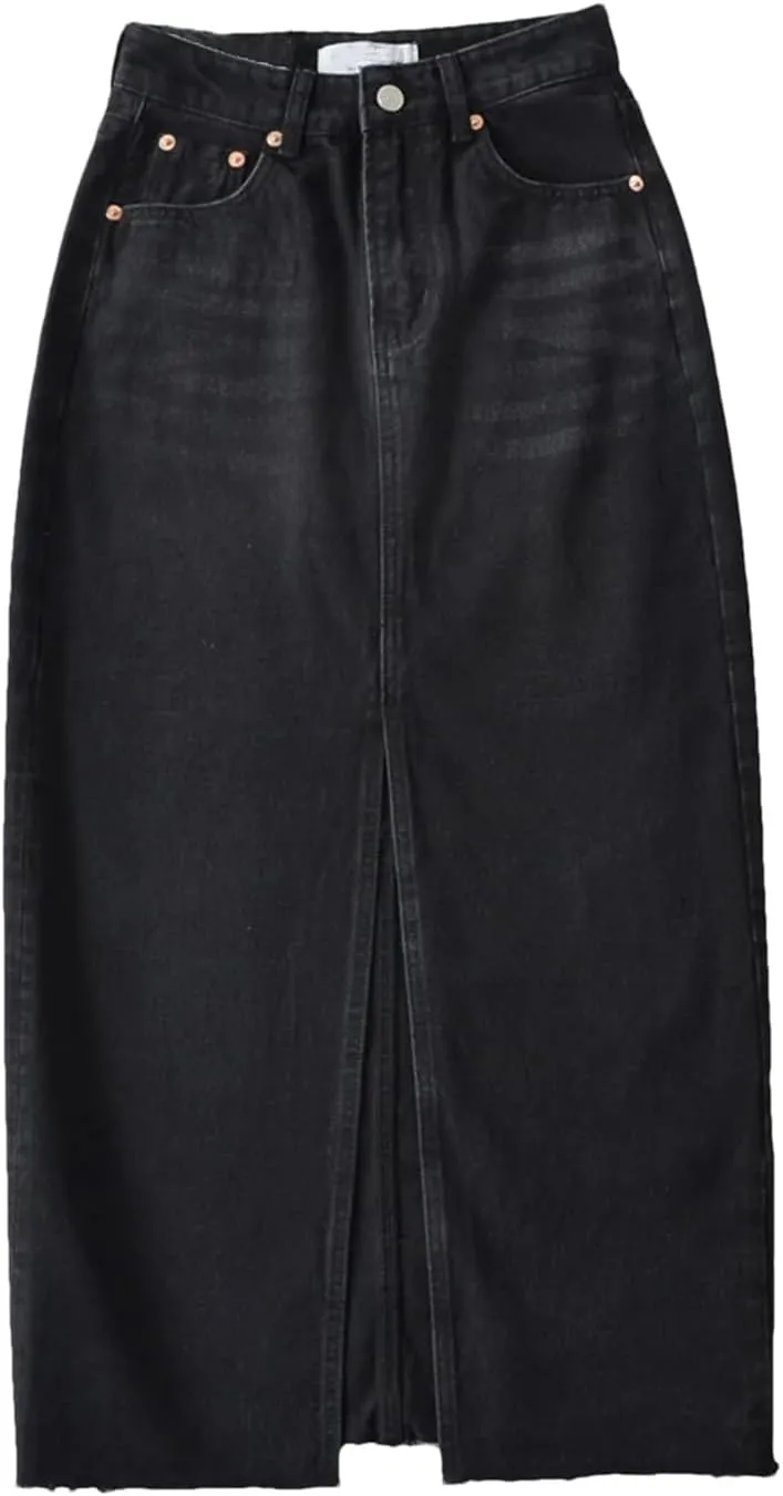 Women's High Waisted Front Slit Denim Skirt Y2K Korean Style Vintage Skirts Midi Jeans Dress