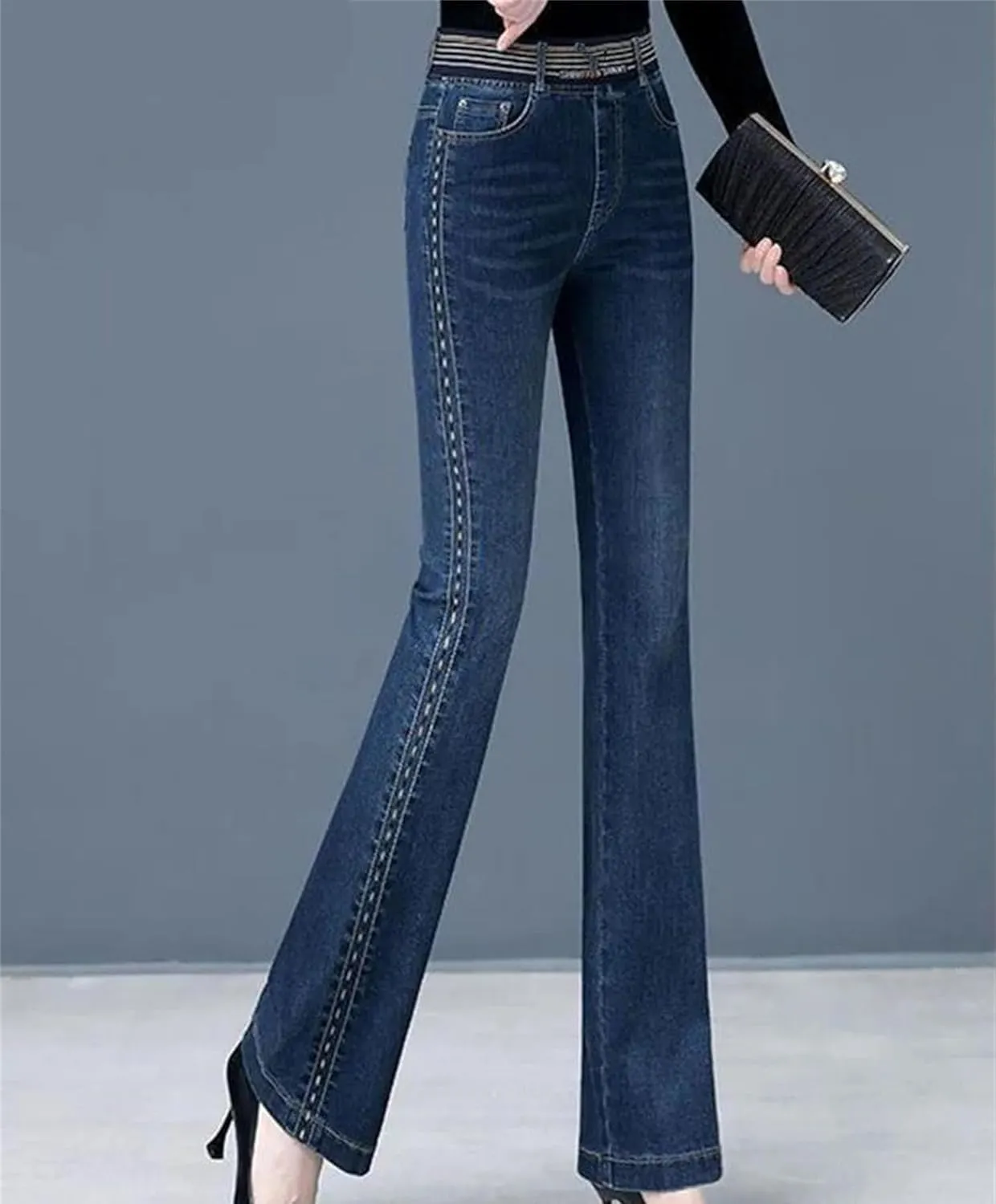 Womens Hight Waist Skinny Flare Jeans Stretch Denim Pants Oversized Ankle Length Trousers