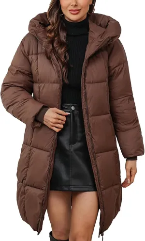 Women's Hooded Long Puffer Coat Winter Warm Full Zip Lightweight Quilted Jacket with Pockets