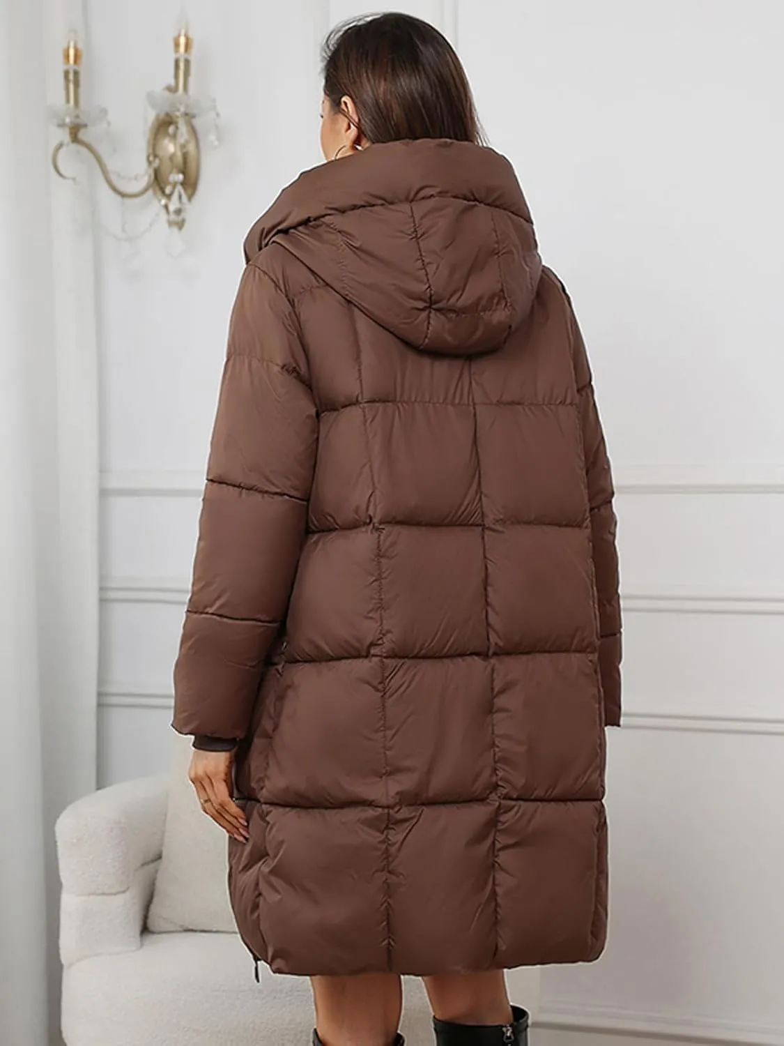 Women's Hooded Long Puffer Coat Winter Warm Full Zip Lightweight Quilted Jacket with Pockets