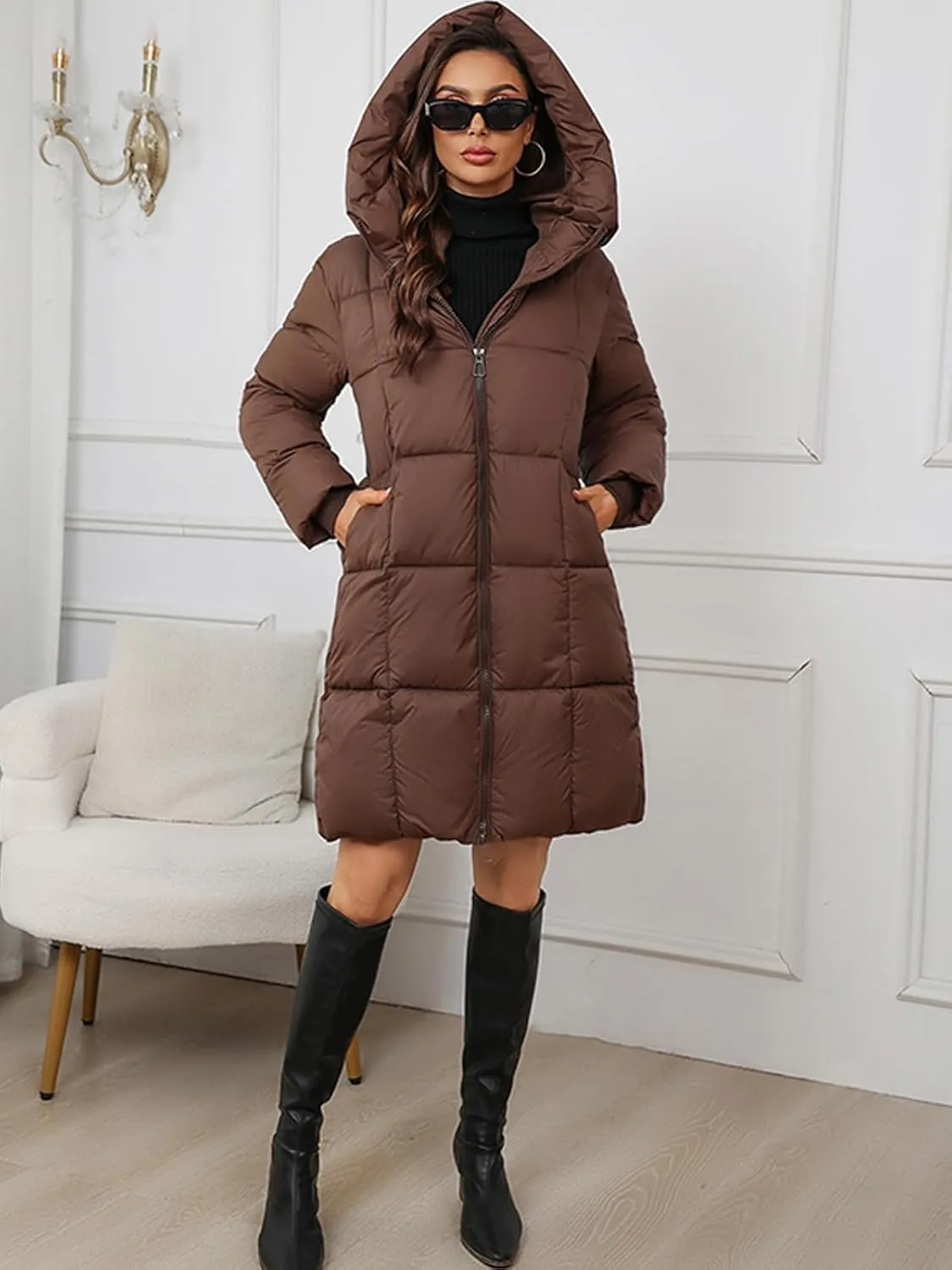 Women's Hooded Long Puffer Coat Winter Warm Full Zip Lightweight Quilted Jacket with Pockets