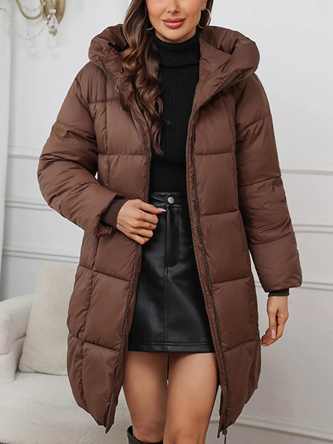 Women's Hooded Long Puffer Coat Winter Warm Full Zip Lightweight Quilted Jacket with Pockets