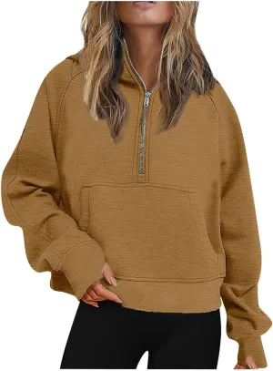 Womens Hoodies Half Zip Sweatshirt Thumb Hole Long Sleeve Cropped Pullover Loose Casual Aesthetic Y2k Top with Pocket