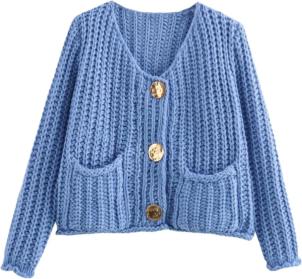 Women's Knit Cardigans Button Down Sweater Long Sleeve V Neck Chunky Cardigan Sweaters with Pockets