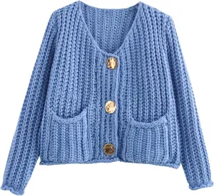 Women's Knit Cardigans Button Down Sweater Long Sleeve V Neck Chunky Cardigan Sweaters with Pockets