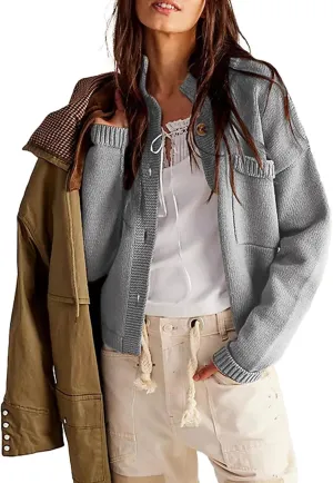 Women's Knitted Cardigans Sweaters Stand Collar Button Sweater Coat Open Front Cardigans Pullover Lightweight Outwear