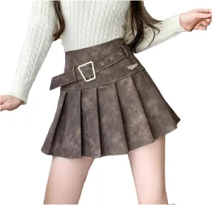 Women's Korean Skirt PU Leather Pleated Skirt A-Line High Waisted Mini Skirt