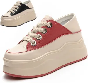 Women's Lace Up Colorblock Fashion Platform Sneakers,Comfortable Round Toe Slip-On Soft Leather Low Top Height Increasing Shoes,Lightweight Casual Everyday Walking Shoes