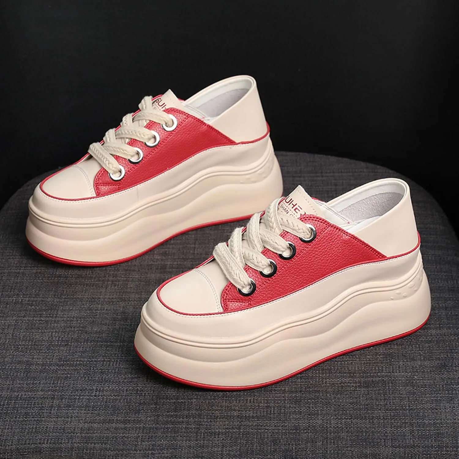 Women's Lace Up Colorblock Fashion Platform Sneakers,Comfortable Round Toe Slip-On Soft Leather Low Top Height Increasing Shoes,Lightweight Casual Everyday Walking Shoes