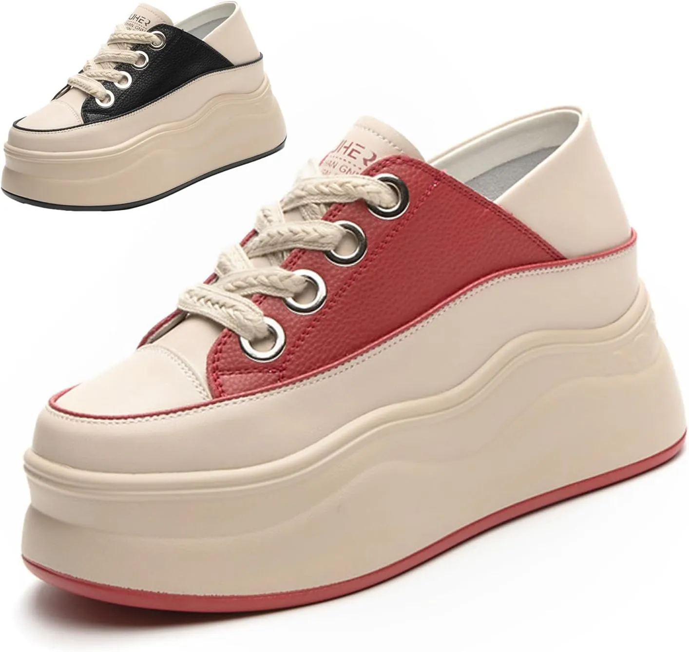 Women's Lace Up Colorblock Fashion Platform Sneakers,Comfortable Round Toe Slip-On Soft Leather Low Top Height Increasing Shoes,Lightweight Casual Everyday Walking Shoes