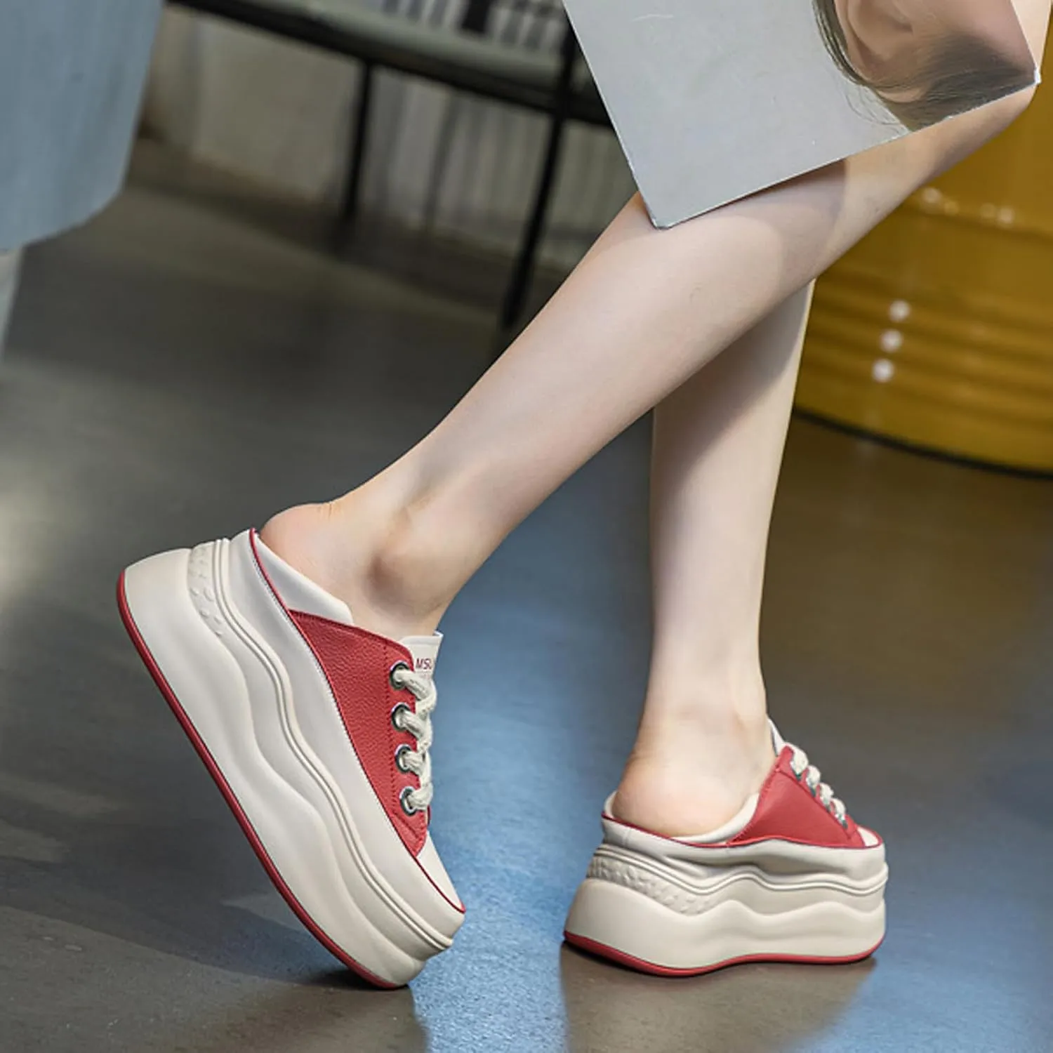 Women's Lace Up Colorblock Fashion Platform Sneakers,Comfortable Round Toe Slip-On Soft Leather Low Top Height Increasing Shoes,Lightweight Casual Everyday Walking Shoes