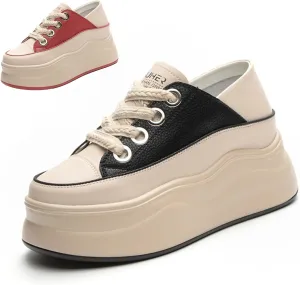 Women's Lace Up Colorblock Fashion Platform Sneakers,Comfortable Round Toe Slip-On Soft Leather Low Top Height Increasing Shoes,Lightweight Casual Everyday Walking Shoes
