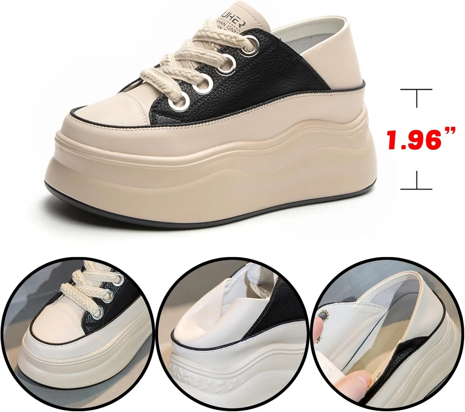 Women's Lace Up Colorblock Fashion Platform Sneakers,Comfortable Round Toe Slip-On Soft Leather Low Top Height Increasing Shoes,Lightweight Casual Everyday Walking Shoes
