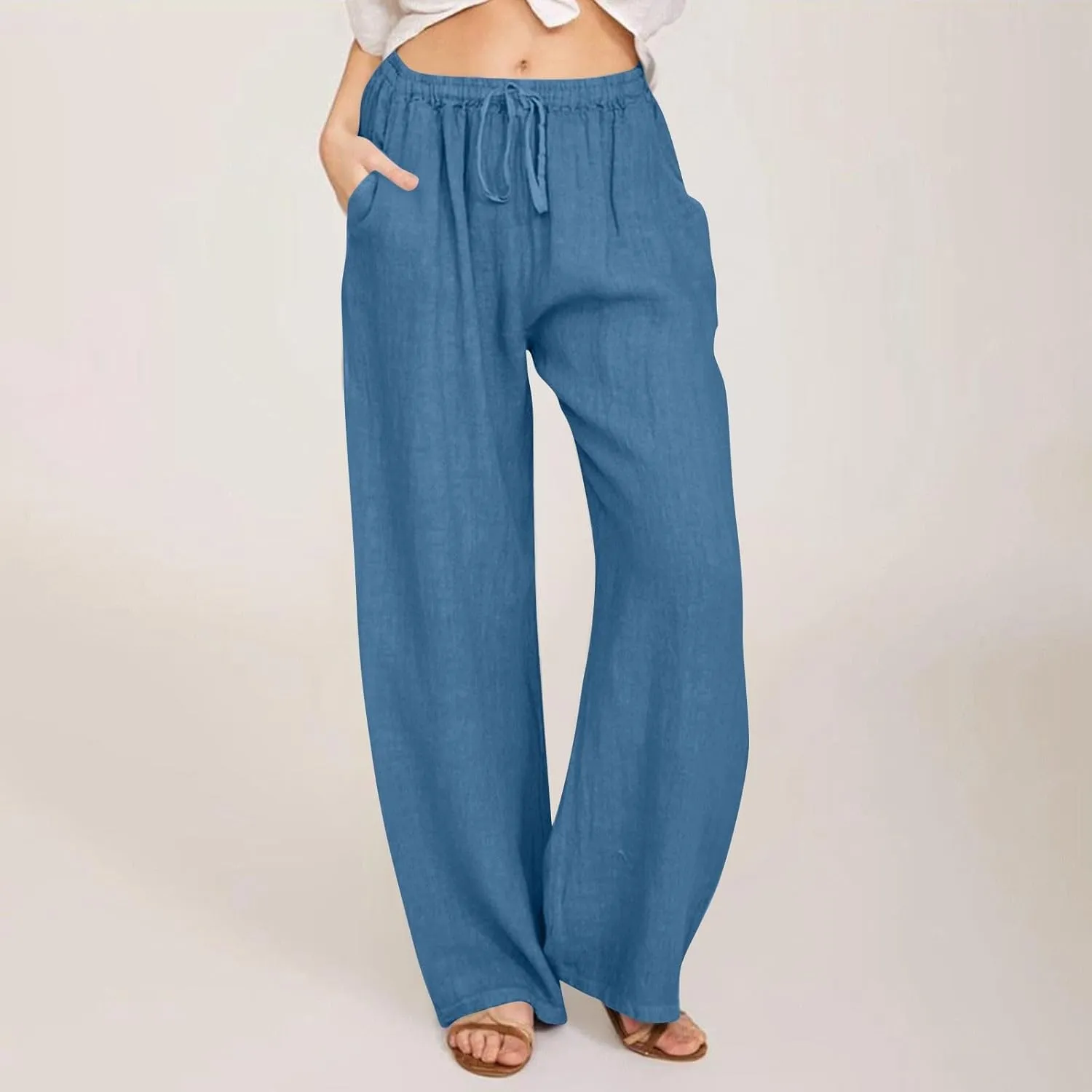 Womens Linen Pants Wide Leg Baggy High Waisted Pants Straight Leg Beach Trousers Flowy Pull on Pants with Pockets