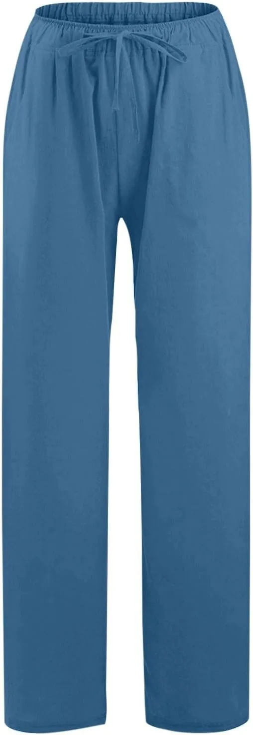 Womens Linen Pants Wide Leg Baggy High Waisted Pants Straight Leg Beach Trousers Flowy Pull on Pants with Pockets