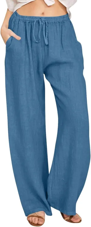 Womens Linen Pants Wide Leg Baggy High Waisted Pants Straight Leg Beach Trousers Flowy Pull on Pants with Pockets