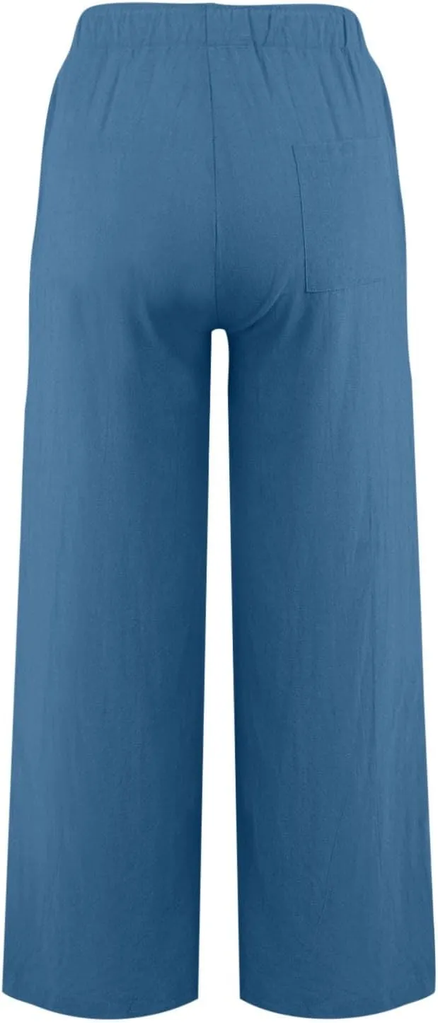 Womens Linen Pants Wide Leg Baggy High Waisted Pants Straight Leg Beach Trousers Flowy Pull on Pants with Pockets