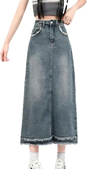 Women's Long Denim Skirt 2025 Summer Washed Frayed Raw Hem Korean Fashion Style Maxi Jeans Skirt