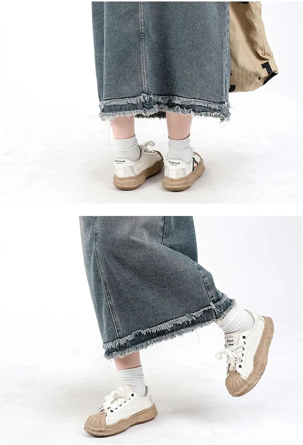 Women's Long Denim Skirt 2025 Summer Washed Frayed Raw Hem Korean Fashion Style Maxi Jeans Skirt