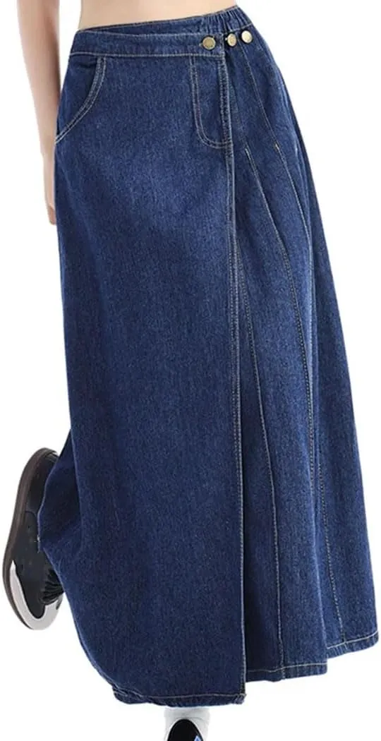 Women's Long Pleated Denim Skirt High Waist A Line Maxi Jean Skirt 2025 Spring Casual Streetwear