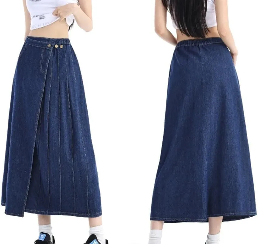 Women's Long Pleated Denim Skirt High Waist A Line Maxi Jean Skirt 2025 Spring Casual Streetwear