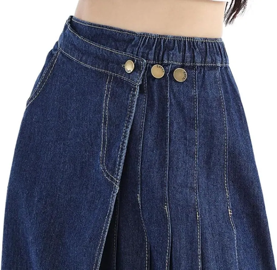Women's Long Pleated Denim Skirt High Waist A Line Maxi Jean Skirt 2025 Spring Casual Streetwear