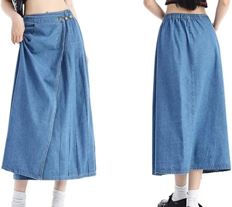 Women's Long Pleated Denim Skirt High Waist A Line Maxi Jean Skirt 2025 Spring Casual Streetwear
