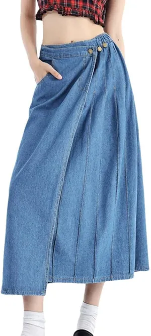 Women's Long Pleated Denim Skirt High Waist A Line Maxi Jean Skirt 2025 Spring Casual Streetwear